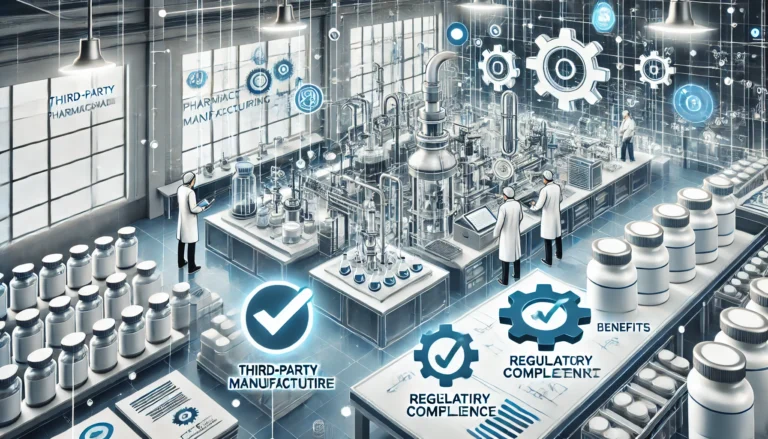 third-party pharmaceutical manufacturing. It represents the manufacturing process, highlighting the benefits and challenges in a professional and high-tech setting.